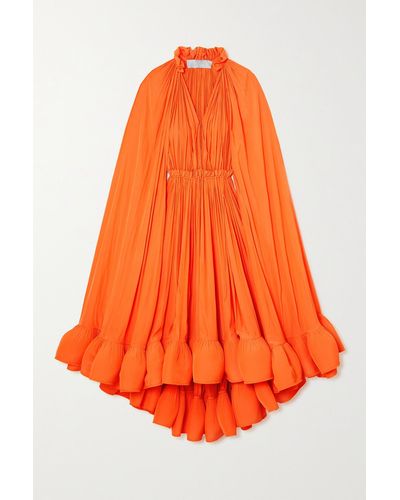 Lanvin Cape-effect Tie-detailed Ruffled Charmeuse Dress - Orange