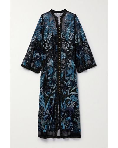Miguelina Basima Metallic Tweed-trimmed Sequined Embroidered Tulle Kaftan - Blue