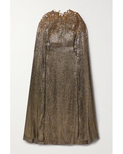 Oscar de la Renta Cape-effect Embellished Embroidered Tulle-trimmed Silk-blend Lamé Gown - Natural