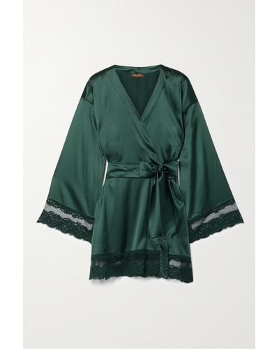 Coco De Mer Seraphine Lace-trimmed Silk-blend Satin Robe - Green