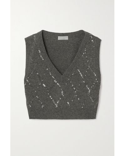 Brunello Cucinelli Argyle Sequin-embellished Wool, Cashmere And Silk-blend Cropped Top - Black