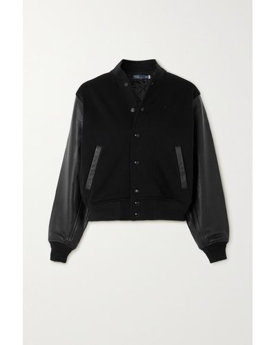 Polo Ralph Lauren Appliquéd Leather And Padded Cotton-blend Bomber Jacket - Black