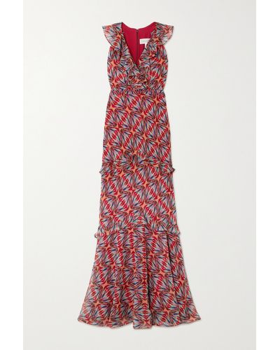 Saloni Rita Ruffled Printed Silk-crepe Maxi Dress - Red