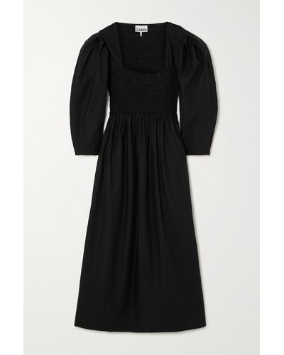 Ganni Smocked Cotton-poplin Dress - Black