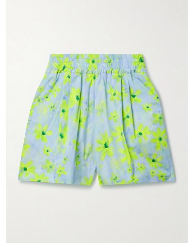 Marni Pleated Floral-print Cotton-poplin Shorts - Green