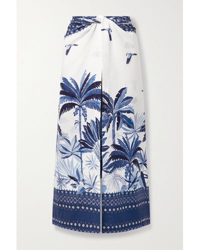 FARM Rio Convertible Cropped Printed Linen-blend Wide-leg Trousers - Blue