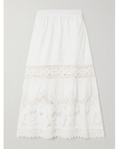 Sea Joah Corded Lace-trimmed Broderie Anglaise Cotton Midi Skirt - White