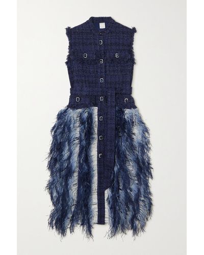 Huishan Zhang Wyatt Crystal-embellished Feather-trimmed Belted Metallic Tweed Midi Dress - Blue