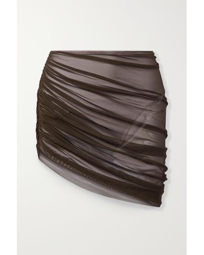 Norma Kamali Diana Asymmetric Ruched Stretch-mesh Skirt - Brown