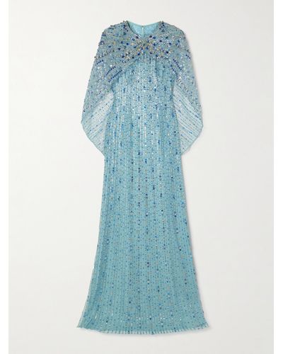 Jenny Packham Cape-effect Ruched Crystal And Sequin-embellished Tulle Gown - Blue