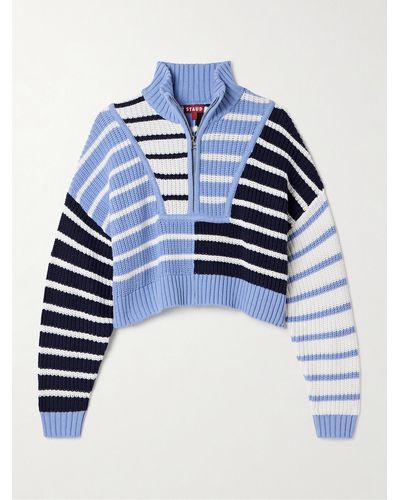 STAUD Hampton Cropped Striped Cotton-blend Sweater - Blue
