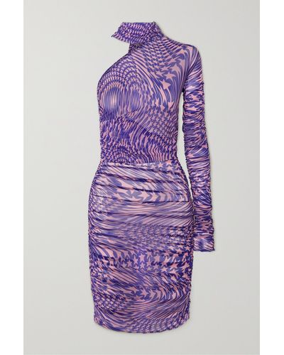 Mugler Asymmetric Tie-neck Printed Stretch-tulle Dress - Purple