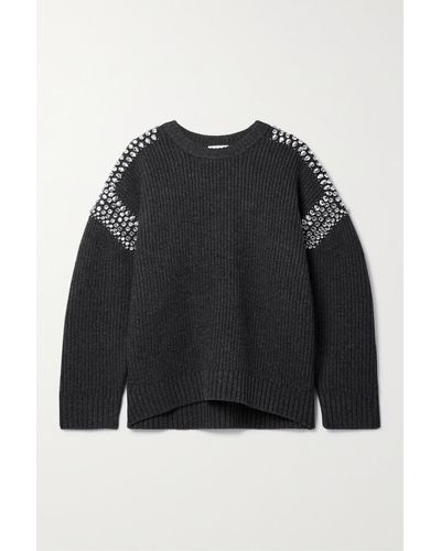 A.L.C. Colby Oversized Crystal-embellished Ribbed Merino Wool Sweater - Black