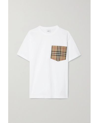 Burberry T-shirt Aus Baumwoll-jersey Mit Kariertem Twill-besatz - Weiß