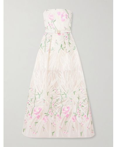 Elie Saab Belted Sequin-embellished Embroidered Strapless Tulle Gown - Natural