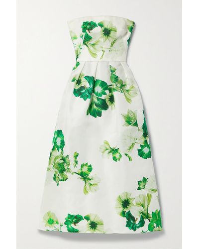 Monique Lhuillier Strapless Pleated Floral-print Silk-piqué Midi Dress - Green