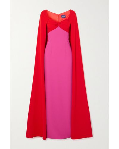 Marchesa notte Cape-effect Two-tone Knotted Stretch-crepe Gown - Red
