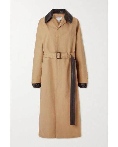 Bottega Veneta Trench-coat En Gabardine De Coton À Finitions En Cuir Et À Ceinture - Neutre