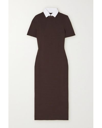 Ralph Lauren Collection Convertible Poplin-trimmed Ribbed-knit Midi Dress - Brown