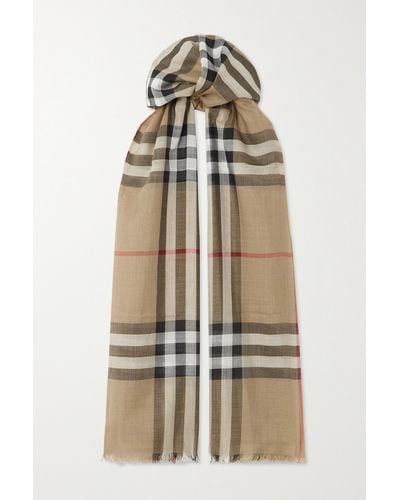 Burberry Fringed Checked Wool And Silk-blend Scarf - Natural