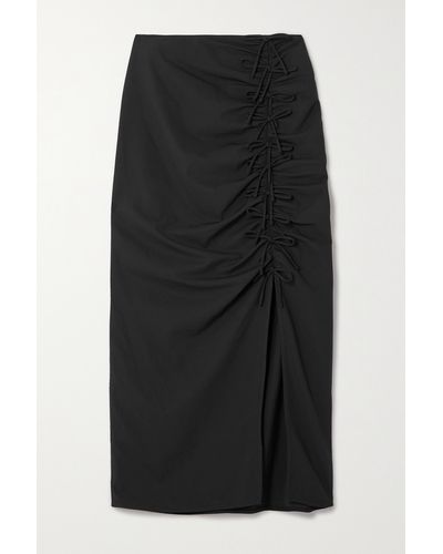 Ganni Bow-detailed Ruched Woven Midi Skirt - Black