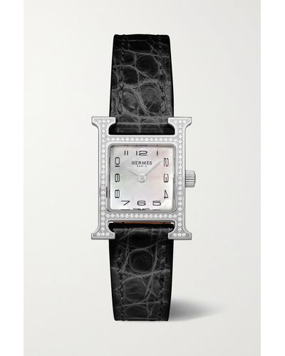 Hermès Heure H 21mm Mini Stainless Steel, Alligator, Mother-of-pearl And Diamond Watch - Black