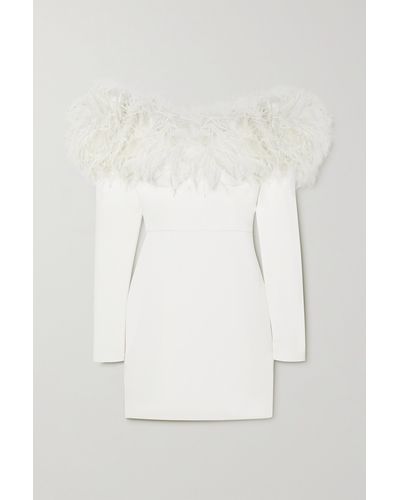 Alessandra Rich Off-the-shoulder Feather-trimmed Stretch-cady Mini Dress - White