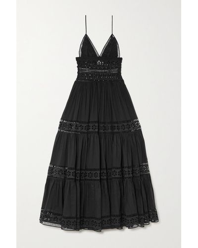 Charo Ruiz Isca Guipure Lace-trimmed Tiered Cotton-blend Poplin Maxi Dress - Black