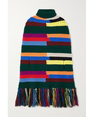 Emilio Pucci Fringed Striped Wool Turtleneck Poncho - Blue