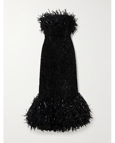 Oscar de la Renta Strapless Fringed Sequined Tulle Gown - Black