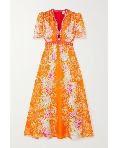 Saloni Tabitha Floral-print Silk Midi Dress - Orange