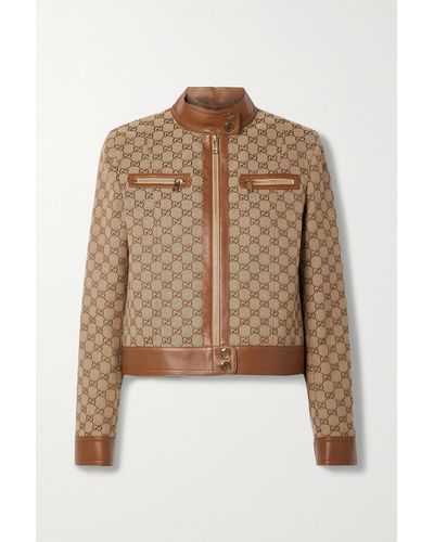 Gucci Aria Leather-trimmed Logo-jacquard Cotton-blend Canvas Jacket - Brown