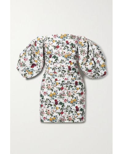 Oscar de la Renta Off-the-shoulder Ruched Floral-print Cotton-blend Mini Dress - White