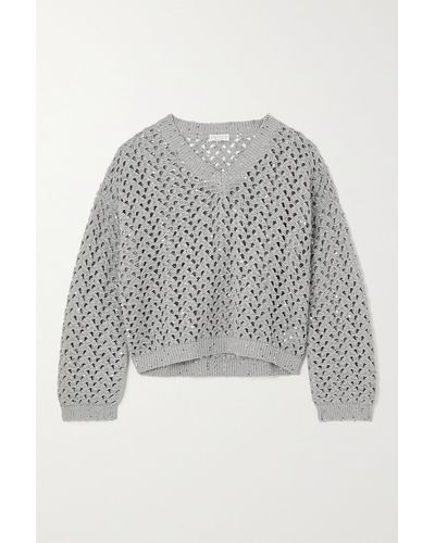 Brunello Cucinelli Dazzling Net Sequin-embellished Cotton, Linen And Silk-blend Sweater - Gray