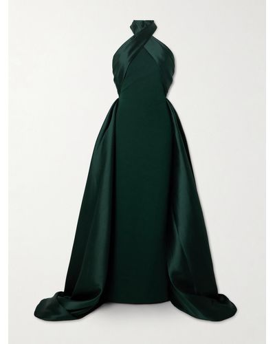 Solace London Rumi Satin-twill And Crepe Halterneck Gown - Green