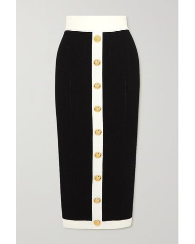 Balmain Button-embellished Ribbed-knit Midi Skirt - Black