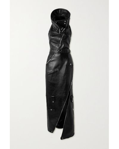 Alexander McQueen Asymmetric Embellished Leather Halterneck Maxi Dress - Black