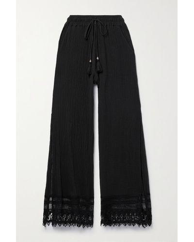 Miguelina Orion Lace-trimmed Cotton-gauze Wide-leg Pants - Black