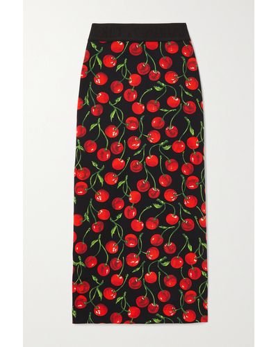 Dolce & Gabbana Technical Jersey Calf-length Skirt With Elasticated Band With Logo And Cherry Print - Red