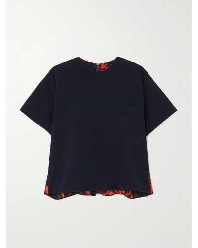 Sacai Layered Cotton-jersey And Floral-print Satin T-shirt - Blue