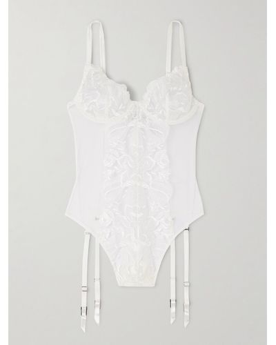 Fleur du Mal Silk-blend Satin-trimmed Guipure Lace And Tulle Underwired Bodysuit - White