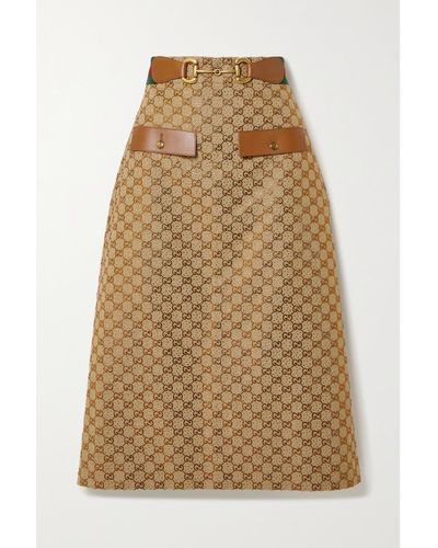 Gucci Aria Embellished Leather-trimmed Printed Cotton-blend Canvas Midi Skirt - Brown