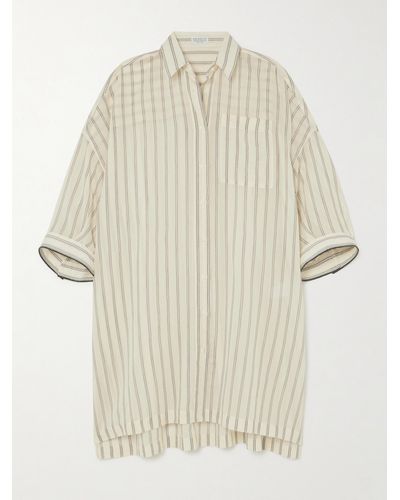 Brunello Cucinelli Bead-embellished Striped Cotton And Silk-blend Voile Shirt - Natural