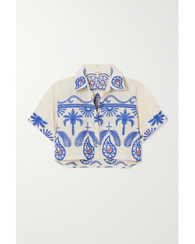 Johanna Ortiz + Net Sustain Manyattas Cropped Embroidered Cotton-blend Shirt - Blue