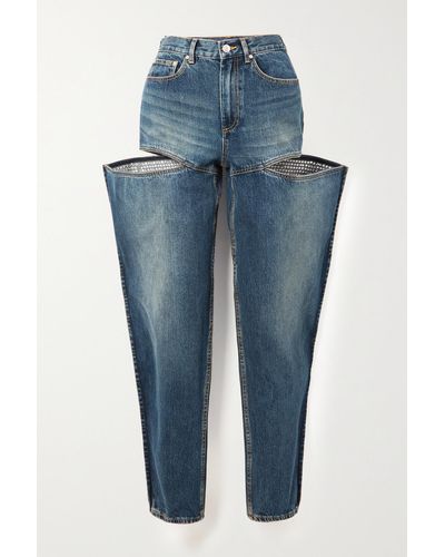 Area Hoch Sitzende Jeans Mit Weitem Bein, Cut-outs Und Kristallen - Blau