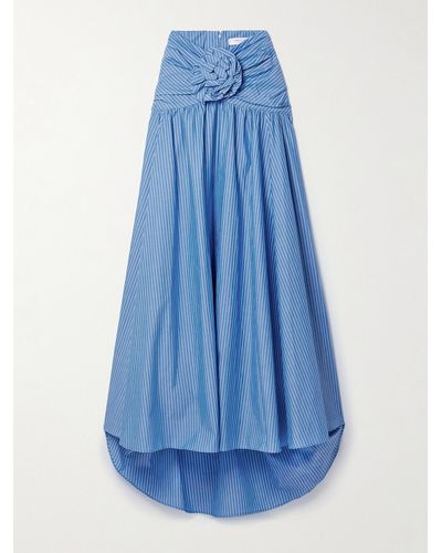Carolina Herrera Floral-embellished Gathered Striped Cotton-poplin Maxi Skirt - Blue