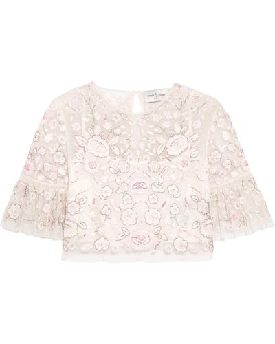 Needle & Thread Rosette Embellished Embroidered Tulle Top - White