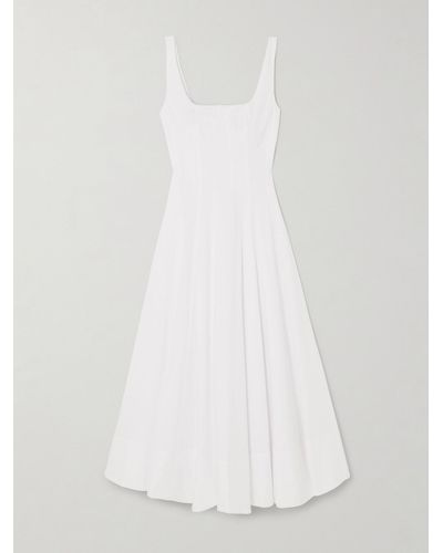 STAUD Wells Pleated Stretch-cotton Poplin Midi Dress - White