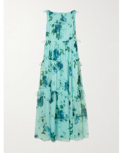 Erdem Tie-detailed Tiered Floral-print Silk Crepe De Chine Maxi Dress - Blue