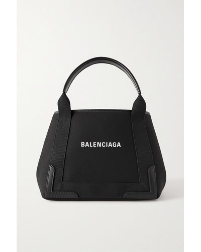 Balenciaga Navy Cabas Leather-trimmed Printed Organic Cotton-canvas Tote - Black